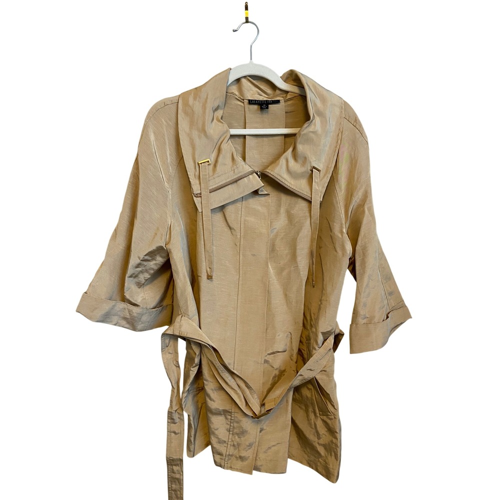 Lafayette 148 New York Gold Linen Cupro Blend Belted Zip Funnel Neck Jacket 14